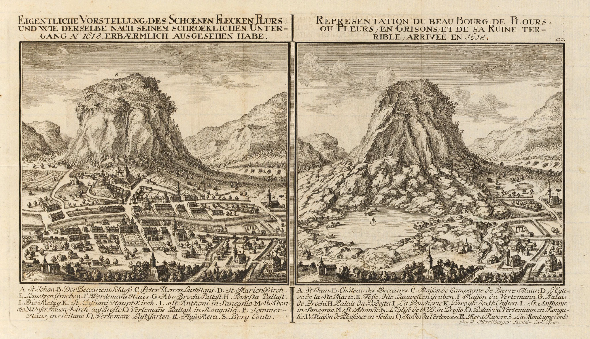 Vorher-Nachher-Bild von Piuro in David Herrlibergers Topographie der Eydgnoßschaft von 1756. zVg